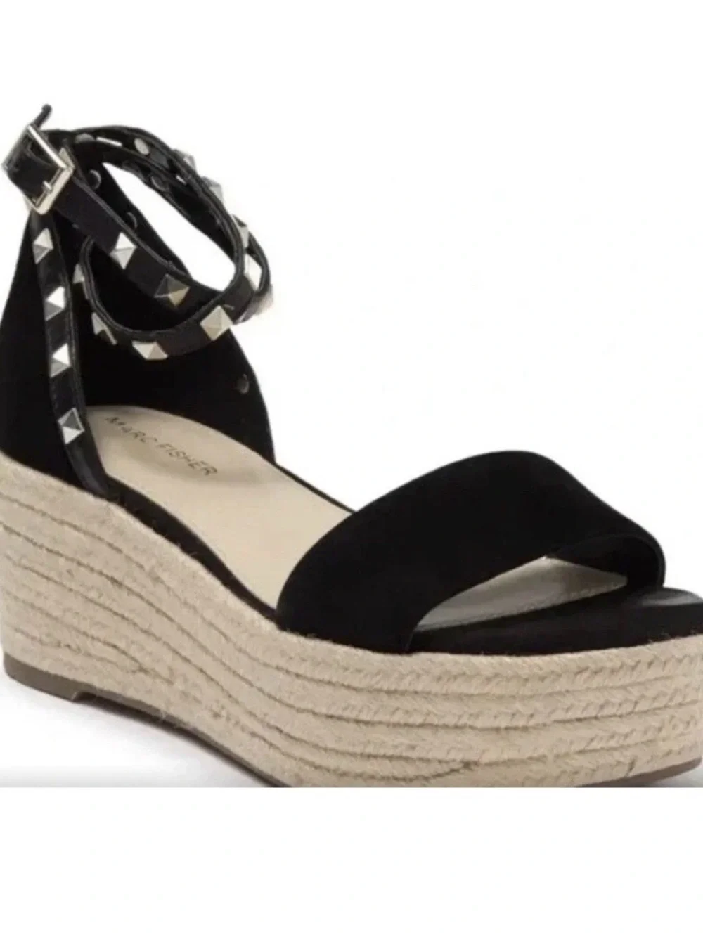 Marc Fisher Jazlyn Women 9.5 Black Suede Sexy Studded Strap Espadrilles